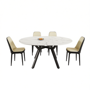 Elegante Tavolo da Pranzo Circolare Espandibile con 4 Sedie in Tessuto PU Gambe in Metallo Nero Set Moderno per Sala da Pranzo - Product Image 1