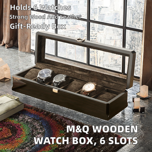 Caja de reloj de madera rectangular con 6 posiciones, interior de gamuza sintética, cierre a presión a prueba de polvo, color marrón y negro - Product Image 2