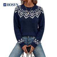 Pull ras du cou jacquard Fair Isle bleu marine pour femme, pull tricoté classique et confortable à motif flocon de neige géométrique avec ourlet côtelé, OEM/ODM