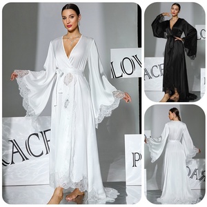 <span class=keywords><strong>Vestaglia</strong></span> da Sposa Elegante in <span class=keywords><strong>Raso</strong></span> Nero e Bianco con Pizzo, Lussuosa <span class=keywords><strong>Vestaglia</strong></span> Lunga con Maniche a Campana, Sexy e Traspirante - Product Image 2