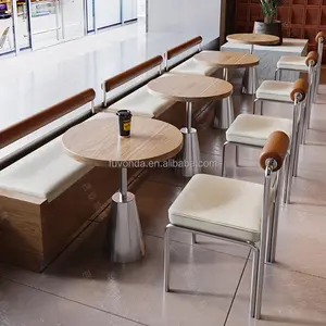 Silla de cafetería Juegos de muebles de restaurante modernos Café Cabina de comida rápida Asiento Sofá Mesas de comedor de metal dorado y Cha