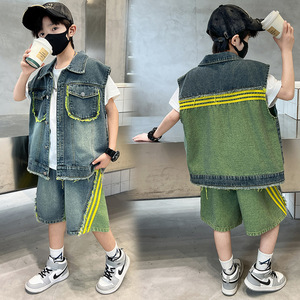 Ensemble <span class=keywords><strong>gilet</strong></span> en jean deux pièces pour garçons, coupe ample en coton, pour enfants plus âgés, collection été - Product Image 2