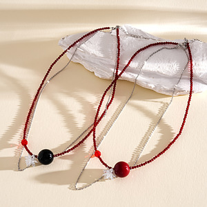 Collier double couche en perles de verre rouges, motif floral, pour femme, en acier inoxydable, style vintage, de luxe, original, chaîne de clavicule, bijou de cou - Product Image 3