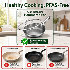 Poêles en titane sans PFAS/PFOA/PTFE pour la cuisson, 24/26/28 cm, poêle à frire antiadhésive en titane martelé avec couvercle - Product Image 4