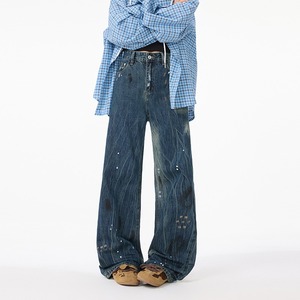 Pantalones Unisex de Mezclilla con Diseño de Salpicaduras de Pintura, Estilo Urbano, Cintura Media, Corte Recto, Holgados, Estilo Americano, para Otoño e Invierno - Product Image 4