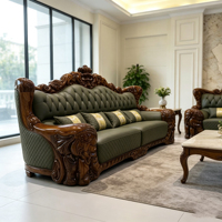 Ensemble de canapés de style manoir européen vintage en cuir capitonné olive, structure en fibre de verre sculptée en noyer foncé avec table basse en marbre