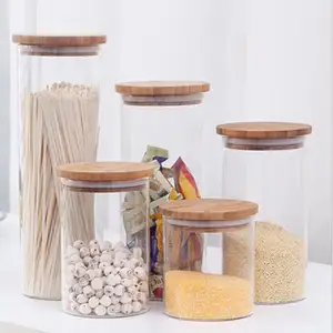 キャンディー、クッキー、米、砂糖、小麦粉、パスタ、ナッツ用の気密竹蓋付きの透明なガラス製食品貯蔵瓶容器