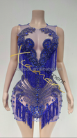 Kain Polyester Sutra Cetak Sablon MF Mesh Transparan Dia Ballroom Stage Dancerwear Biru Rumbai Berlian Imitasi Kristal Seksi