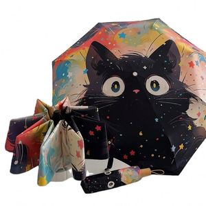 Parapluie pliant automatique portable pour femme, motif chaton étoilé mignon, avec armature métallique noire, tissu pongé 190T, résistant aux UV 8K et aux intempéries - Product Image 1