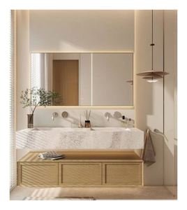 Meuble-lavabo de salle de bain simple de style minimaliste contemporain, avec un grand miroir intelligent - Product Image 1