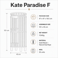 Tour à gratter cylindrique pour chat Kate Paradise F, multi-niveaux, en bois massif et sisal naturel, 101 cm, avec balustrade supérieure circulaire complète