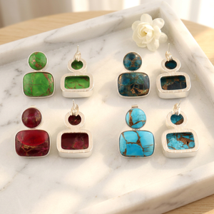 Boucles d'oreilles clous géométriques en cuivre et turquoise, laiton massif plaqué argent, style bohème, double pierre, bijoux de mode pour femme, cadeau - Product Image 6