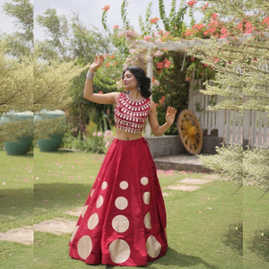 Red Polka Dot Lehenga Set Sleeveless Embroidered Crop <b>Top</b> Pleated Skirt Traditional <b>Indian</b> Outfit - Product Image 1