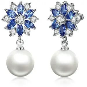 Pendientes de joyería de moda única, joyería de flor azul, pendientes de concha de perlas de circón AAA para mujer
