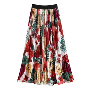 R30263S 2021 spring and autumn floral skirt fashion european new slim A-line chiffon printed pleated all-match long women skirts