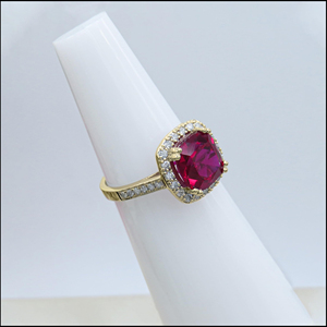 SGARIT custom Women's 14K Yellow <b>Gold</b> Ruby <b>Cocktail</b> <b>Ring</b> Pave Setting Cushion Cut Diamond Halo Luxury Engagement Style Jewelry - Product Image 4