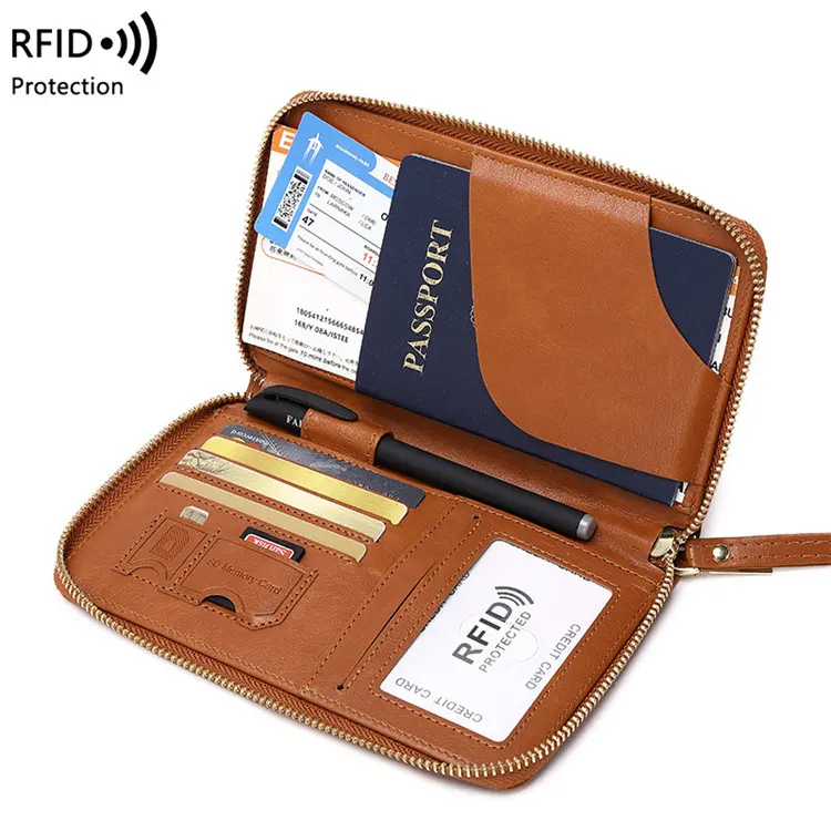 2024 nuevo Rfid pasaporte largo titular organizador de boletos certificado bolsas viaje cremallera pasaporte bolsa