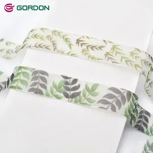 Fita de organza Gordon para decoração de pacotes de presente DIY, fita estampada de folha verde 25 mm, série verão 2024, branco