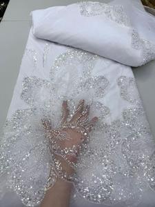 Tissu en maille de dentelle à sequins et perles rouges, motif brodé tricoté chaîne, écologique, pour robes de mariée nigérianes - Product Image 3