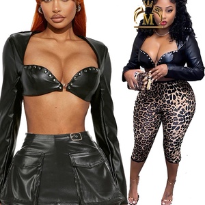 ملابس عصرية رائعة للفتيات جاكيت قصير من الجلد الصناعي وتنورة صغيرة بنطال جلد النمر طقم من قطعتين مثير ضيق Y2K طقم من قطعتين للنساء - Product Image 3