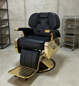 Fauteuil de Barbier Moderne en Similicuir Noir avec Structure Métallique Dorée, Hauteur Réglable, Pompe Hydraulique, Base Ronde, Mobilier de Salon - Product Image 1