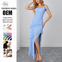 Robe longue moulante élégante pour femme, personnalisée en usine, à épaules dénudées, à volants, à fines bretelles et à fente haute, pour soirée et fête
