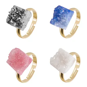 Yase Gemstone Rings Agate Rings Accessories Gold Adjustable Druzy Crystal Plated Natural Women Square Finger Ring