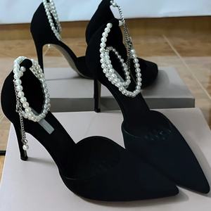 Fashion Women's Shoes Black Stiletto High Heels Pointed Toe Pearl Strap Pumps Open Back Counter Summer Party Dress <b>Sandals</b> - Product Image 2