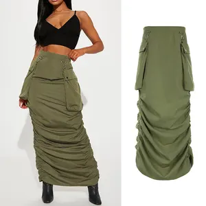 Ccstom Spring New Arrivals Pleats Slit Woven Maxi Skirt Solid Army Green Casual Big Pockets Cargo Women Long Skirts