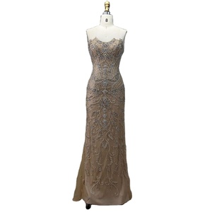 <span class=keywords><strong>Abiti</strong></span> da sera di lusso in cashmere color argento nudo con perline e nappe, senza spalline, aderenti, lunghi fino al pavimento, per meeting annuale, presentazioni e banchetti - Product Image 5
