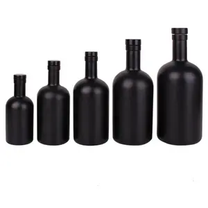 Glass Vodka Bottle Matte Black 200ml 375ml 500ml 750ml Round Flint Glass Liquor Wine Bottle Gin Whisky Vodka Tequila Glass Bottle With Cork Lid