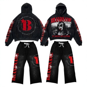 BRANDNAME STUDIOS ชุดวอร์มมีฮู้ดแบบ unisex ทรงปกติ กางเกงขายาวมีเชือกผูก เอวสม็อค สตรีทแวร์ สีดำพิมพ์ลายสีแดง สำหรับฤดูหนาว ผ้าฝ้าย 100% - Product Image 5