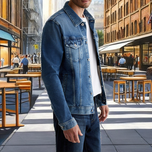 Custom Logo Vintage Loose Autumn Blue Denim Jacket Street <b>Style</b> Front Chest Pockets Unisex 100% Cotton Dyed for Men - Product Image 2