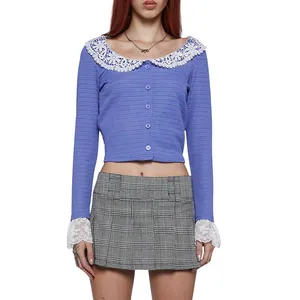 사용자 정의 하이 퀄리티 레이스 칼라 넥 라인 레이스 플레어 긴 소매 버튼 업 니트 카디건 여자의 스웨터 봄 가을 착용