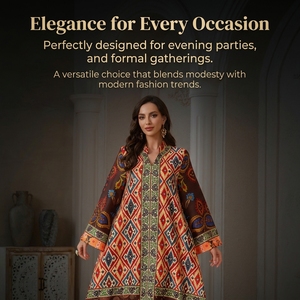 Premium Printed <b>Kaftan</b> Dress Women Four Way Stretch Hotfix Maxi <b>Long</b> Sleeve Modest Ethnic Boho Style for Resort Gathering - Product Image 2