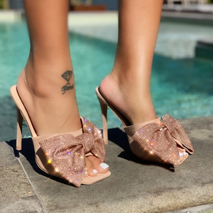 Sandales à talons hauts personnalisées avec nœud papillon en strass pour filles, chaussures fantaisie d'été à bout carré, grandes tailles 43 - Product Image 2