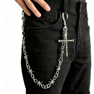 Catena per Pantaloni Punk con Filo Spinato e Croce, Catena Vintage in Metallo per Jeans, Catena Decorativa da Uomo - Product Image 1