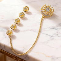 Ensemble de boutons de manchette en alliage métallique décoratif musulman personnalisé, de luxe, avec chaîne, boutons de manchette en forme d'étoile et de lune, pour chemise et costume, avec strass, pour hommes