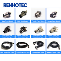 Conector Circular RENHOTEC M8 para Montaje en PCB, Macho de 3-8 Pines, Enchufe en Ángulo Recto, Carcasa Metálica, Cable Blindado de 60V para Automoción