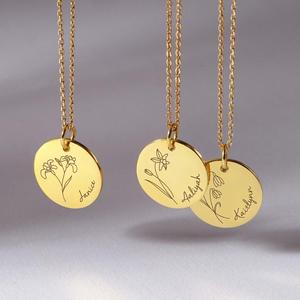 Collier vintage en acier inoxydable plaqué or 18k pour femmes, bijoux en forme <span class=keywords><strong>de</strong></span> pièce <span class=keywords><strong>de</strong></span> monnaie, pendentif gravé <span class=keywords><strong>fleur</strong></span> <span class=keywords><strong>de</strong></span> <span class=keywords><strong>naissance</strong></span> avec nom, vente en gros - Product Image 2