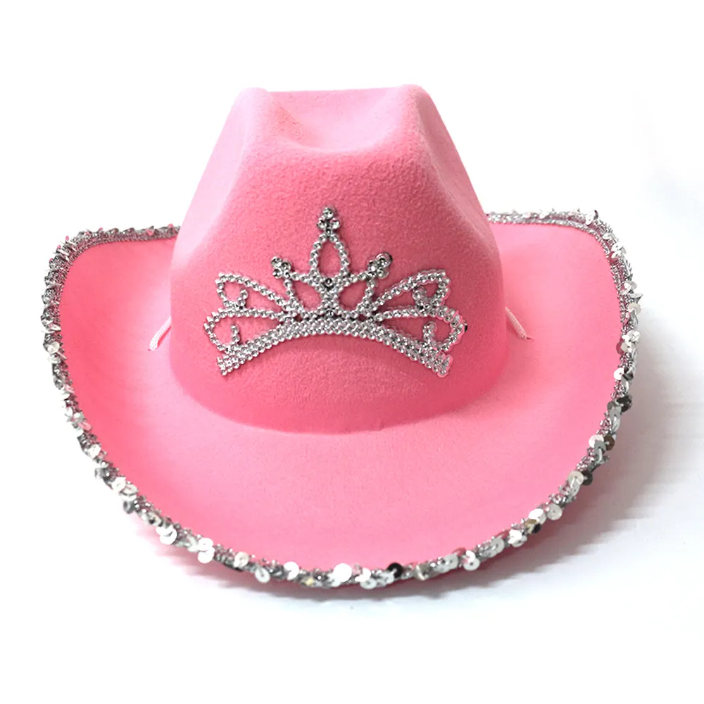 Hot selling custom new fashion bling rhinestone crown western cowboy hat pink cowgirl hat