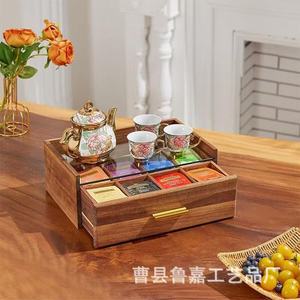 Wooden Tea Bag <b>Storage</b> <b>Box</b> Multi Compartment <b>Drawer</b> Style Desktop Organizer Acacia Wood Rectangular Covered Design - Product Image 4