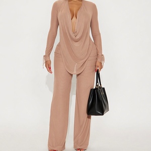 เสื้อแขนยาวผ้าตาข่ายเซ็กซี่สำหรับผู้หญิงและกางเกงทรงเข้ารูปชุดแฟชั่น 2 ชิ้น - Product Image 1