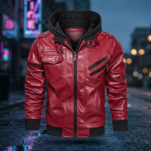 Chaqueta de cuero roja con capucha para hombre, estilo motociclista, con cremallera, cortavientos, abrigo de invierno, venta al por mayor, diseño de LOGO personalizado 2026 - Product Image 3