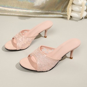 Women Lace Stiletto <b>Heel</b> Mules Peep Toe Slip On Sandals Elegant Mesh Floral Slippers For Daily Party Wear - Product Image 2