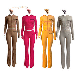 Set pakaian wanita dua potong, setelan pakaian wanita Hoodie ritsleting dasar dan celana panjang berkobar, Set rajut wafel Logo kustom - Product Image 1