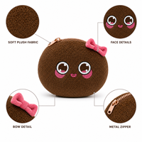 Porte-monnaie rond en peluche marron mignon avec fermeture éclair et nœud rose doux et moelleux, fabricant OEM ODM de cadeaux en peluche