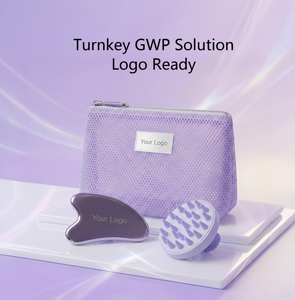Kit de beauté GWP clé <span class=keywords><strong>en</strong></span> main, sac cosmétique portable de luxe <span class=keywords><strong>en</strong></span> maille violette, brosse à cuir chevelu Gua Sha <span class=keywords><strong>en</strong></span> acier inoxydable avec fermeture éclair, logo personnalisé, bien-être - Product Image 1