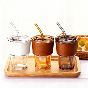 Vaso de Vidrio Promocional de Alta Calidad con Cuero y Pajita, Impresión Personalizada, Resistente al Calor, Vaso de <span class=keywords><strong>Regalo</strong></span> para Bodas, Diferentes Colores - Product Image 4