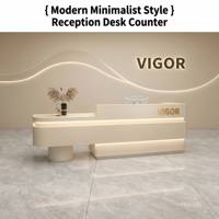 Bureau d'accueil moderne blanc crème avec éclairage LED, comptoir de réception minimaliste asymétrique pour bureau, salon, clinique de beauté